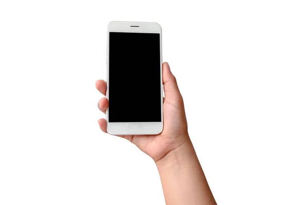 Ręka Trzyma Biały Ekran Telefon Komórkowy Jest Odizolowany Białym Tle — Zdjęcie stockowe