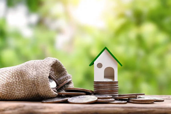 House Model Pile Coins Blurry Green Natural Background Home Equity — Stock Photo, Image