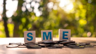 KOBİ yazılı tahta bloklu bozuk para yığını ve bulanık yeşil arkaplan, küçük ve orta büyüklükteki işletmeler yatırım finans kavramı