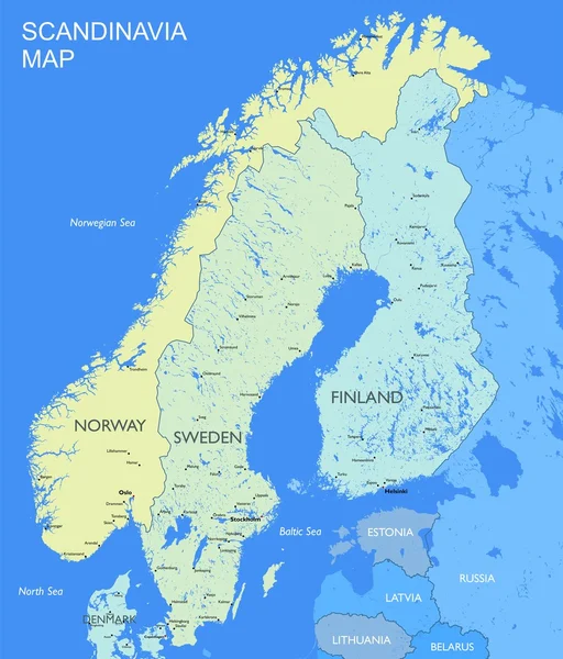 Mappa dettagliata della Scandinavia — Vettoriale Stock