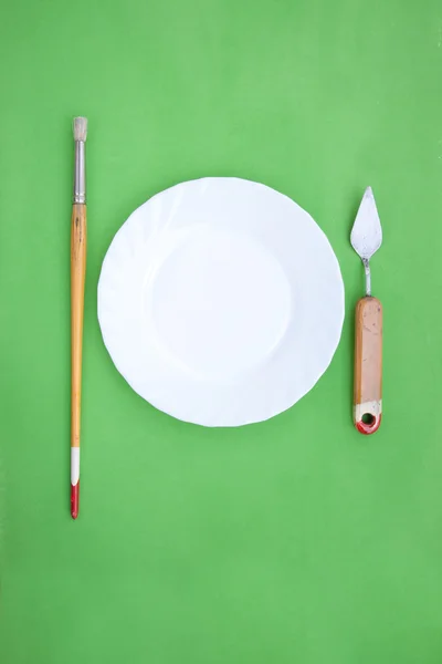Painting Instruments Like a Cutlery with Plate — Stock Photo, Image