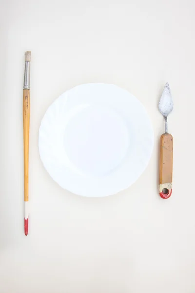 Painting Instruments Like a Cutlery with Plate — Stock Photo, Image