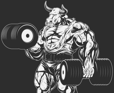 Strong bull with dumbbells clipart