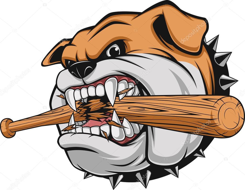 Vector illustration, a fierce bulldog breaks a baseball bat