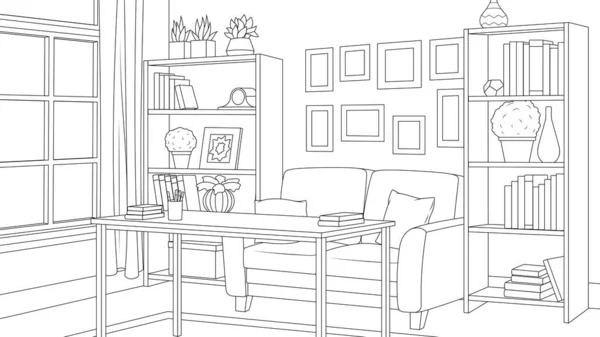 Ilustração vetorial, sala com estantes, sofá e mesa, livro para colorir — Vetor de Stock