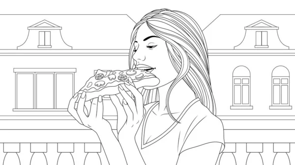 Illustration vectorielle, belle fille mangeant de la pizza sur le balcon. — Image vectorielle