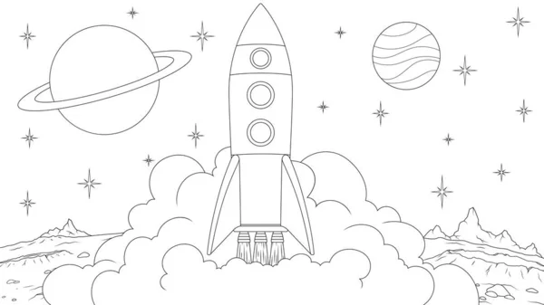 Ilustração vetorial, nave espacial, foguete, decola da superfície do planeta, colorindo book.a — Vetor de Stock