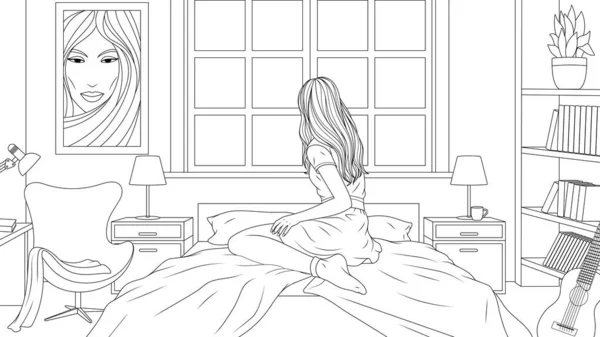 Illustrazione vettoriale, una bella ragazza siede su un divano nella stanza, guarda fuori dalla finestra — Vettoriale Stock