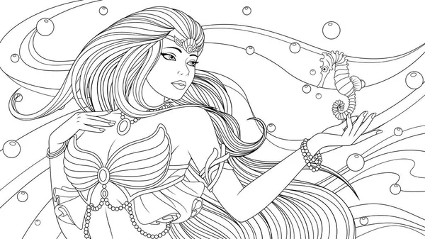 Vector illustration, beautiful girl sea princess and seahorse. — Stock Vector