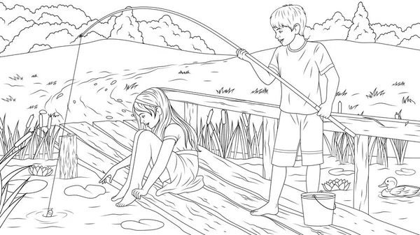 Ilustracja wektora, dzieci łowią ryby na brzegu rzeki. — Wektor stockowy