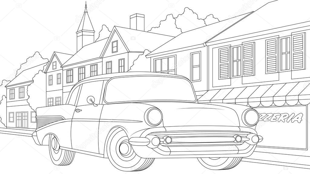 Vector illustration, retro car drives along the city street.