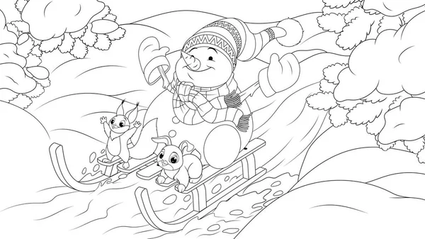 Nouvel An dans la forêt bonhomme de neige et petits animaux, coloriage — Image vectorielle