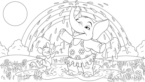 Ilustracja wektora, słoń dziecka z myszą bawiącą się w słońcu — Wektor stockowy