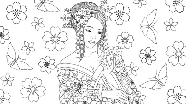 Vector illustratie, mooi geisha meisje bewondert een bloem — Stockvector