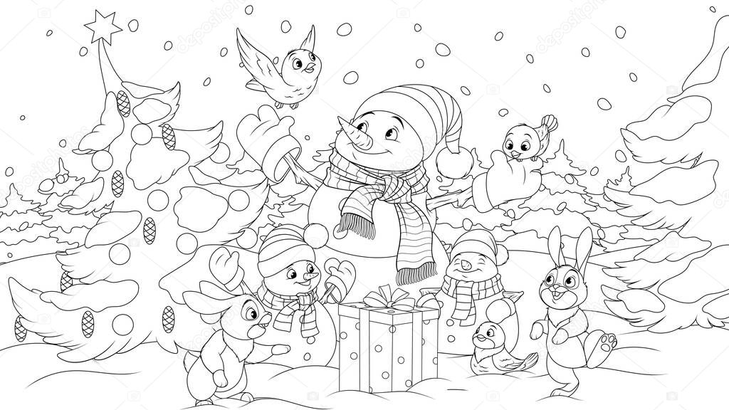 New Year in the forest snowman and little animals, coloring