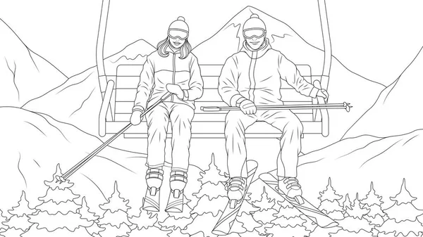 Vector Illustration, ein Ehepaar in einem Skigebiet, Skifahren vom Berg aus — Stockvektor