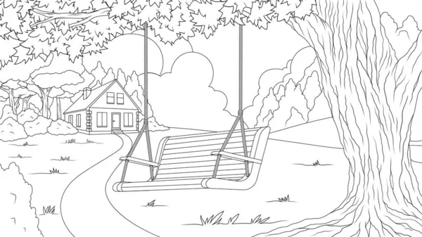 Ilustración vectorial, Swing on a tree in the forest, house in the forest — Archivo Imágenes Vectoriales