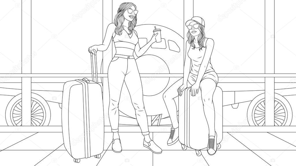 Vector illustration, two beautiful girls are traveling, waiting for a flight at the airport, having fun