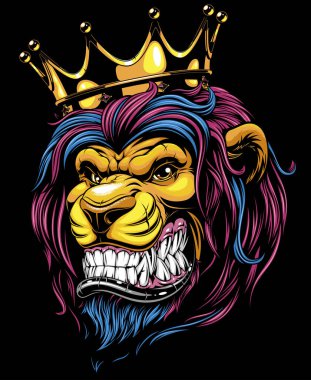 Vektör çizimi, tacın içindeki vahşi bir aslan.