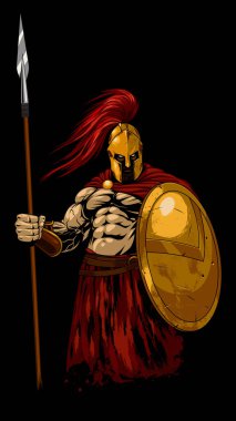 Vektör çizimi, güçlü bir Yunan savaşçısı Spartalı, elinde mızrak ve kalkan tutuyor.