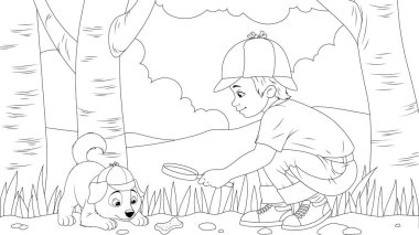 Vektör grafikleri, parkta köpekle oynayan bir çocuk.