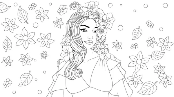 Illustrazione vettoriale, bella ragazza indossa una corona di fiori in estate, sfondo floreale — Vettoriale Stock