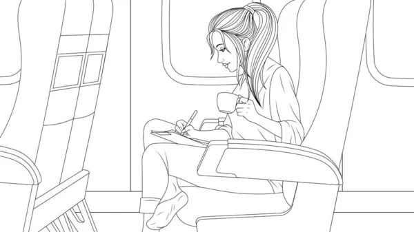 Illustration vectorielle, belle fille vole dans un avion, boit du café, dessine sur la tablette — Image vectorielle