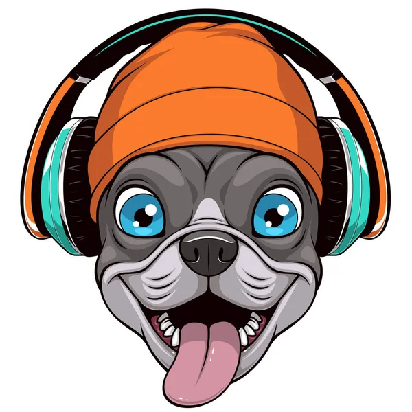 Ilustração vetorial, bulldog francês engraçado em fones de ouvido — Vetor de Stock
