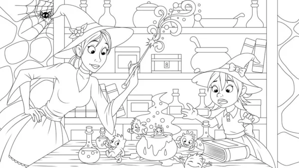 Ilustracja wektora, Czarownice Mama i córka są zaangażowane w radosne czary, w ich domu — Wektor stockowy