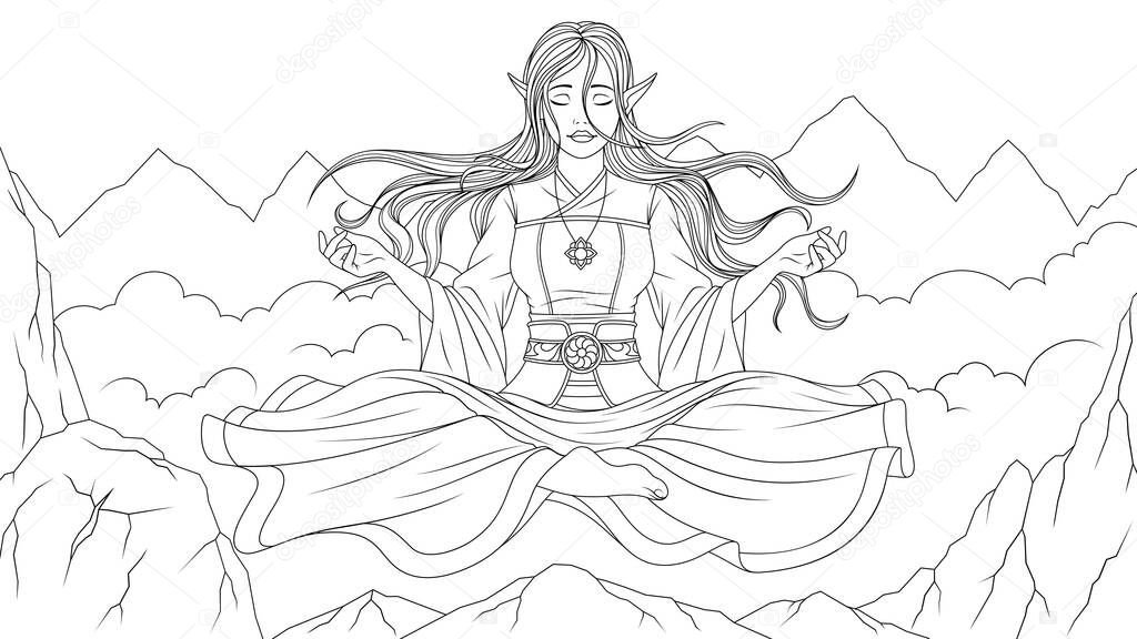 Vector illustration, beautiful girl elf meditates high in the mountains, soars above the clouds