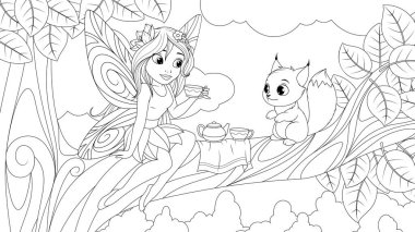 Vektör çizimi, şirin bir peri ağaçta oturur ve yavru sincaba çay ikram eder.