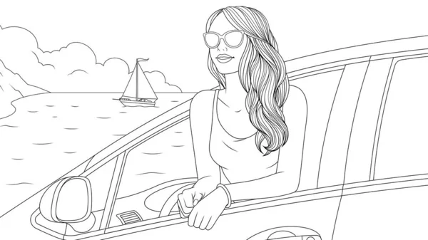 Grafica vettoriale, una bella ragazza arrivata in auto in vacanza al mare — Vettoriale Stock