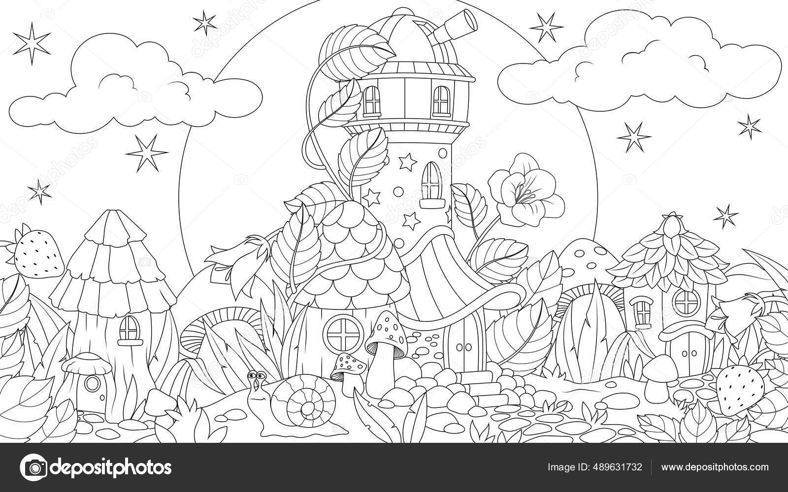 전기 그래픽, 버섯 집 이 있는 요정 유리, 작고 환상적 인 정착지, 스톡 벡터 - ©Andrey_Makurin 489631732, image size:1600x1000