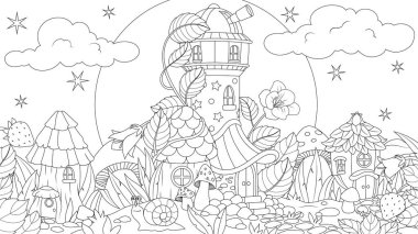 Vektör grafikleri, mantar evli bir açıklık, küçük fantastik bir yerleşim yeri.,