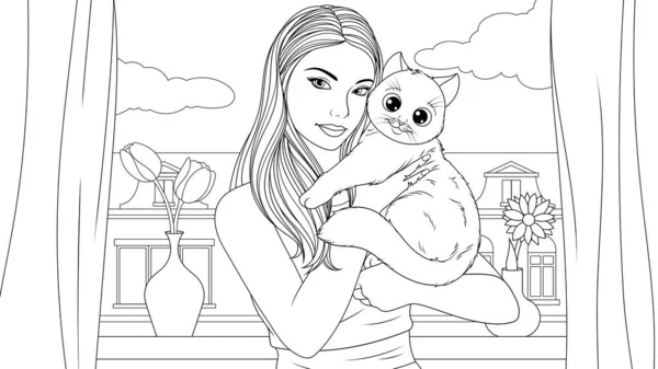 Vector illustration, a beautiful girl holding a beloved cat pet in her arms — Stock Vector