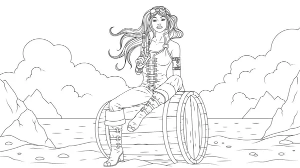 Vector illustration, a beautiful girl pirate sits on a barrel on the beach and holds a pistol in her hand — Stock Vector