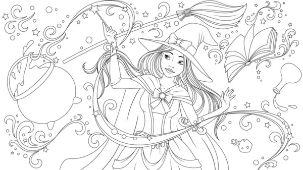 Ilustracja wektora, piękna młoda czarownica uczy się czarować, wznosi przedmioty w powietrze z pomocą magii — Wektor stockowy