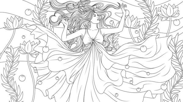 Εικονογράφηση διάνυσμα, όμορφο κορίτσι κολυμπά κάτω από το νερό σε ένα όμορφο φόρεμα — Διανυσματικό Αρχείο