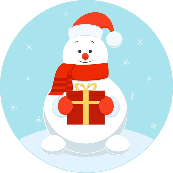 Bonhomme de neige heureux avec un cadeau — Image vectorielle