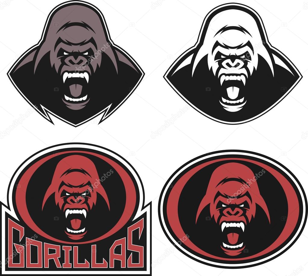 Vector illustration, set head evil ferocious gorilla shouts, mascot