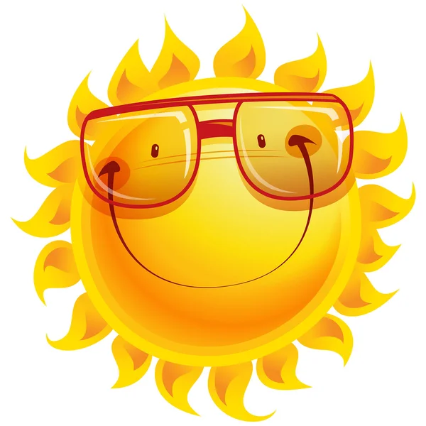 Счастливый желтый счастливый улыбающийся солнечный персонаж мультфильма с солнцем — стоковый вектор