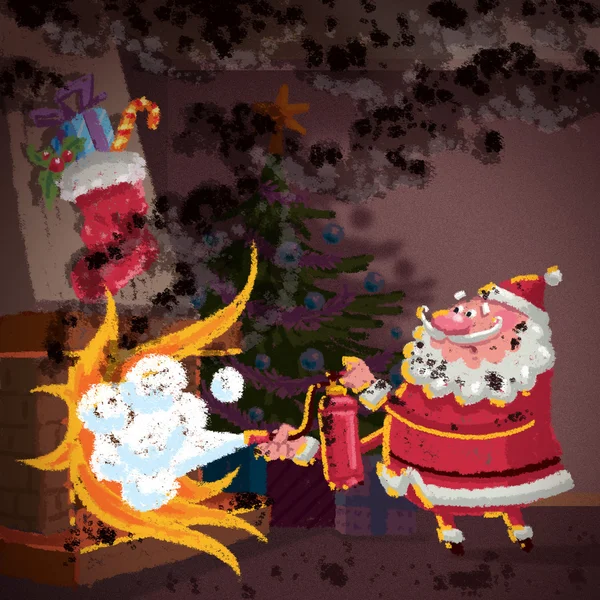 Santa Claus cartoon scene trying to control fire in fireplace — Stock Photo, Image