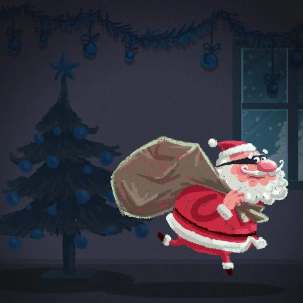 Cartoon Santa Claus thief is stealing a house at christmas — Stock Photo, Image