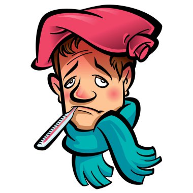 Cartoon sick man head with thermometer scarf and ice bag vector Cartoon sick man head with thermometer scarf and ice bag vector