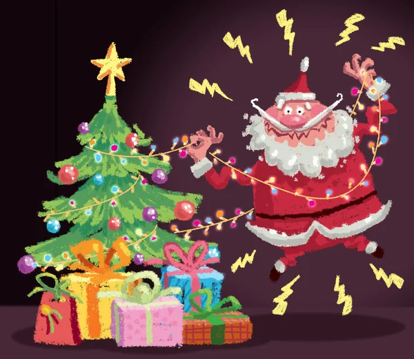 Dibujos animados de Santa Claus teniendo un accidente de choque eléctrico en christm — Foto de Stock