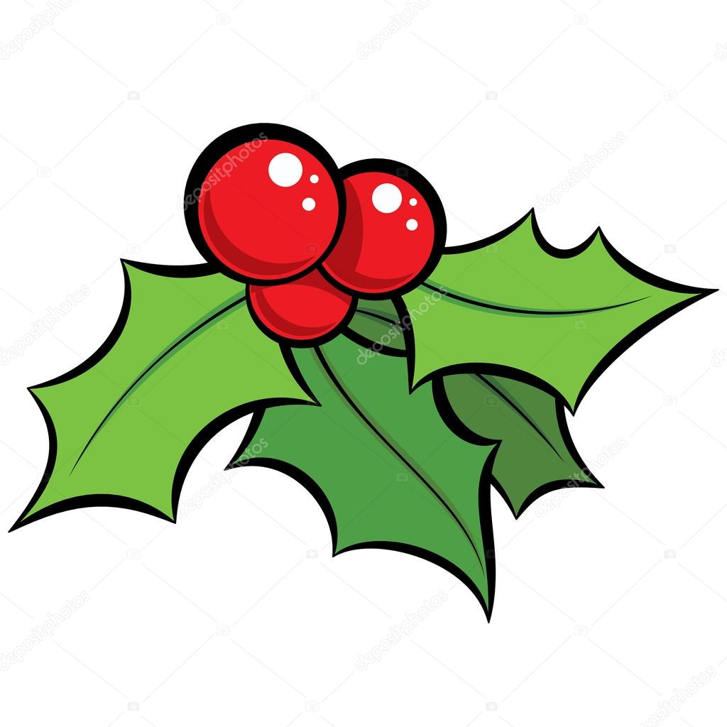 Cartoon vector red and green mistletoe ornament with black outli