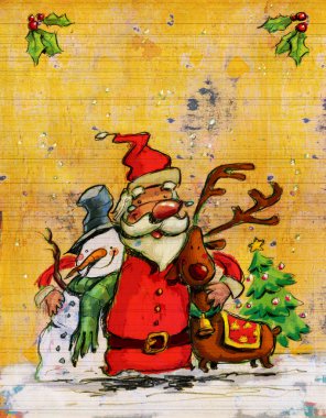 Kardan adam ve Ren geyiği ile çizgi film Noel Baba büyük Noel kucaklama 