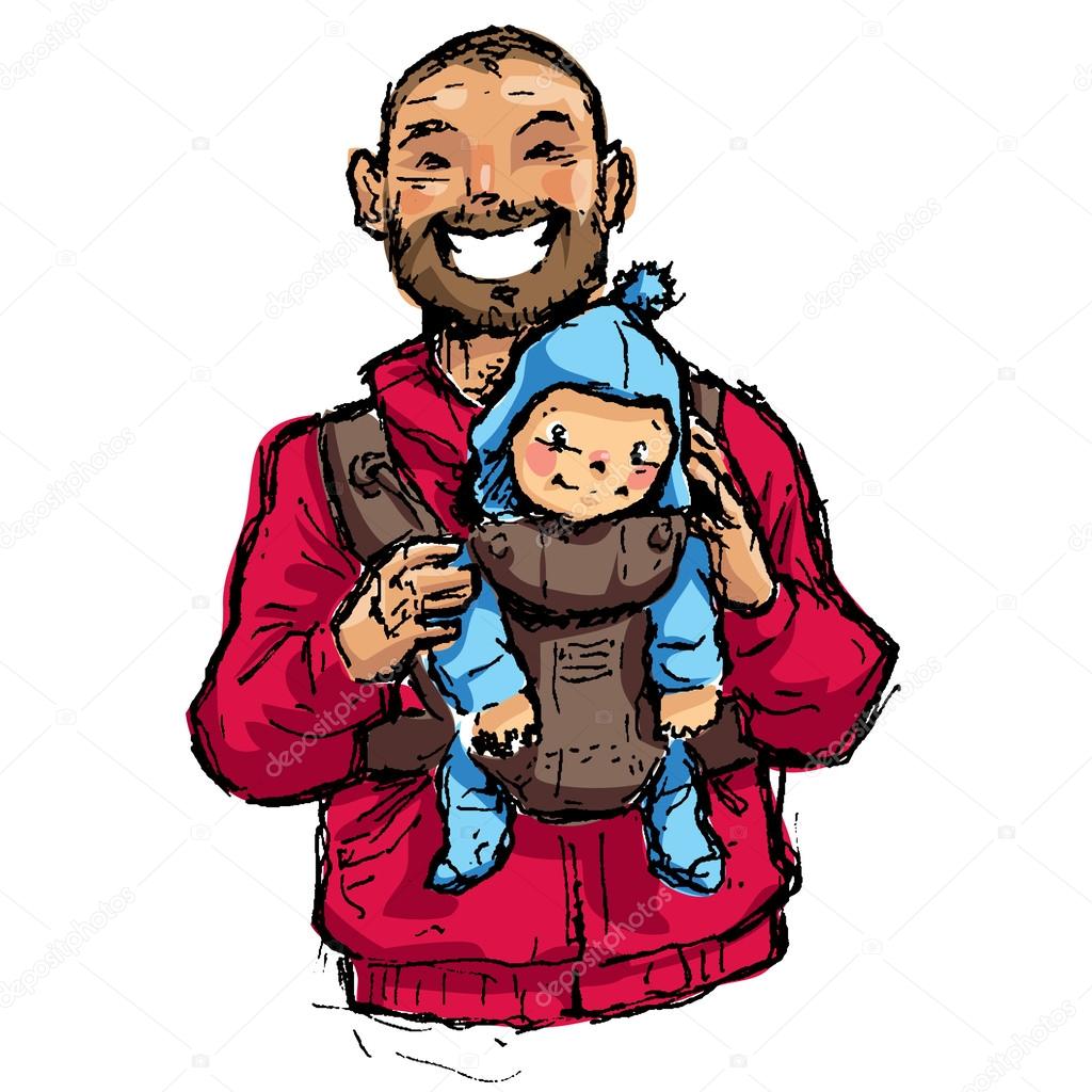 Cartoon vector illustration father with baby son in carrier pouc