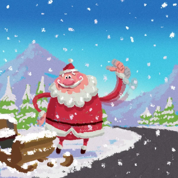 Cartoon Santa Claus hitchhike road side broken luge accident  co — Stock Photo, Image