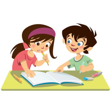 Erkek ve kız çocuklar öğrencilerin kendi ev ödevi togethe yapıyor eğitim